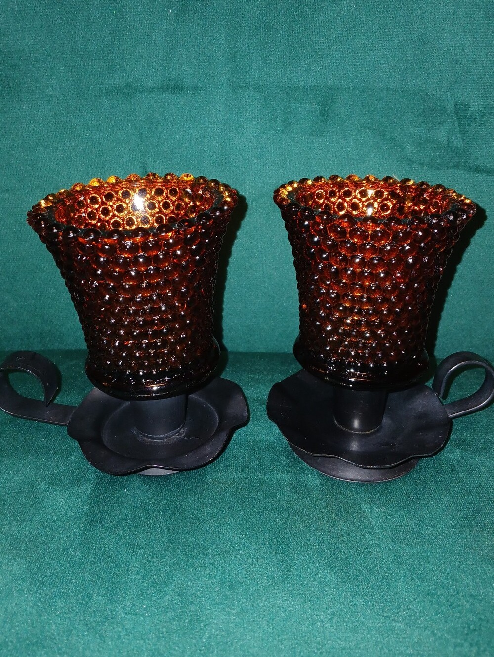 🕯Pair🕯Homco Amber Glass Hobnail Votive Candle Holders W/ Chamberstick Bases